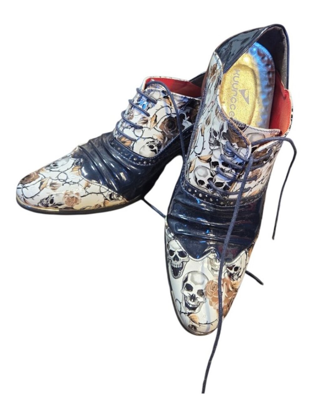 Kuurcce Gothic Skull Rose Wingtip Oxford Black White Chunky Heel Shoes, 8.5